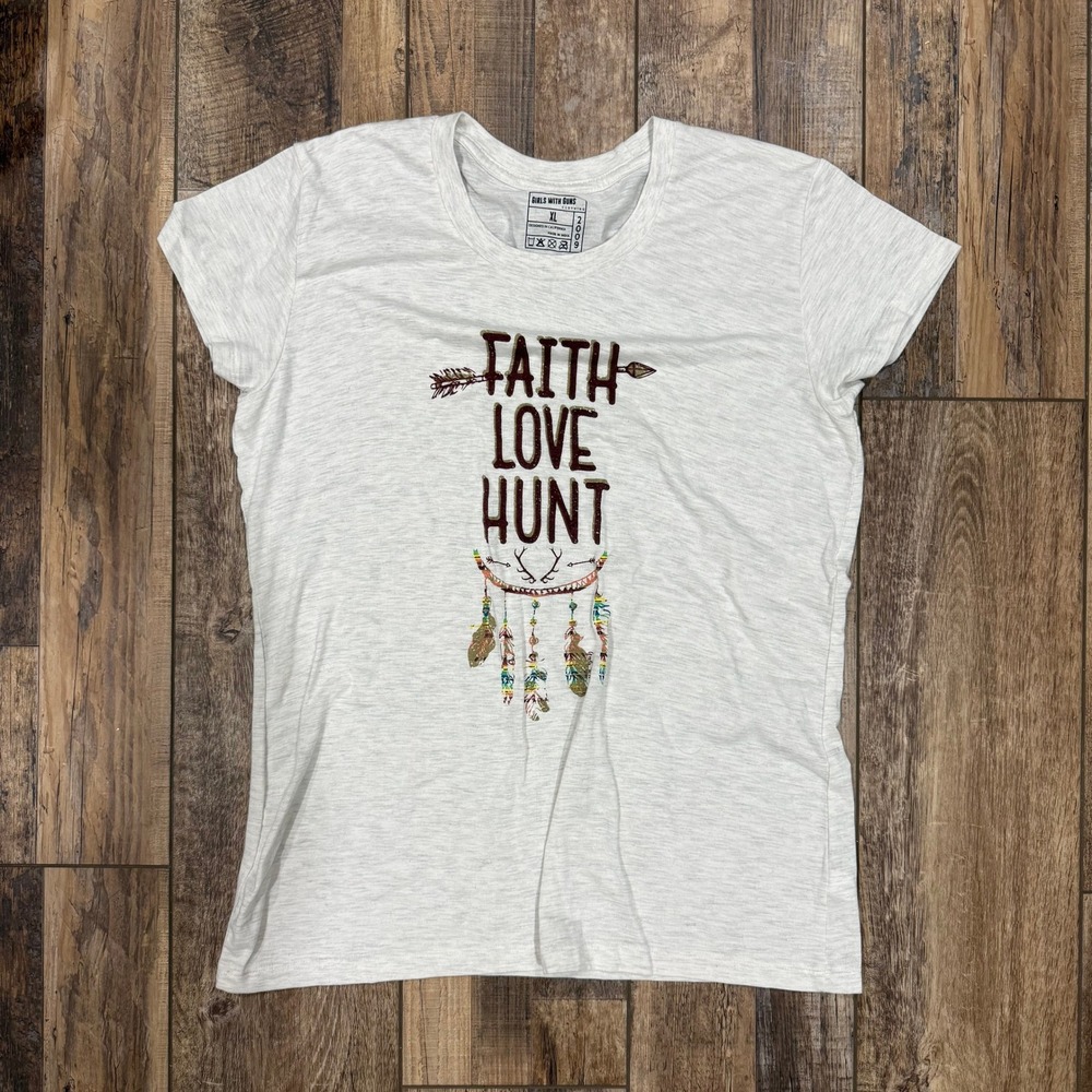 Girls With Guns Faith Love‎ Hunt Graphic Tee Gray Heather XL Short Sleeve Shirt